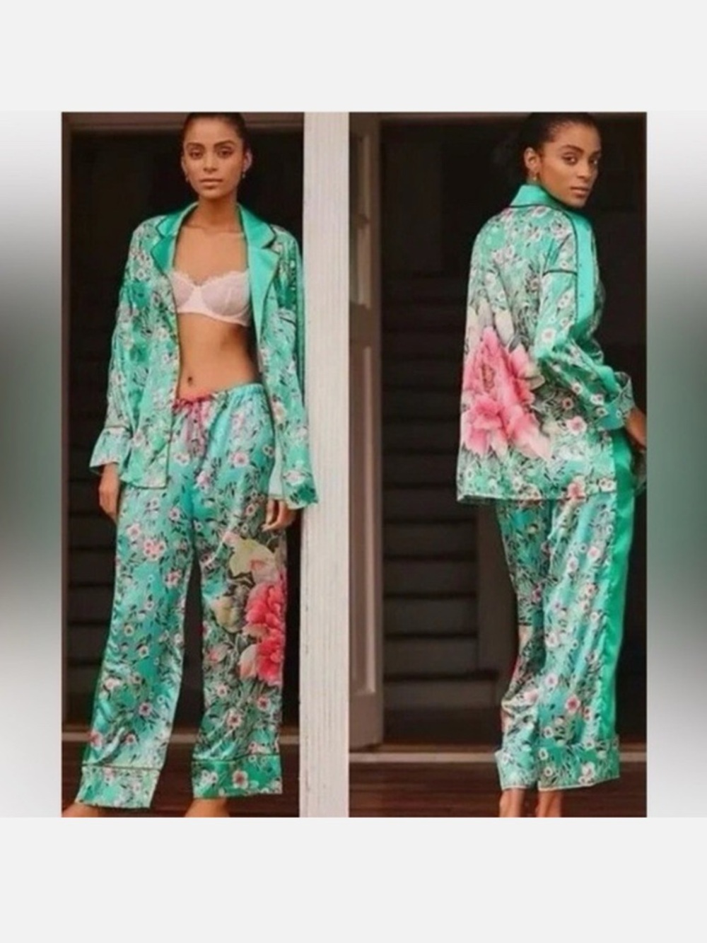We are HAH x free people green satin silky pajama printed floral set - Picture 9 of 10